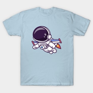 Cute Astronaut Flying With Rocket Cartoon T-Shirt